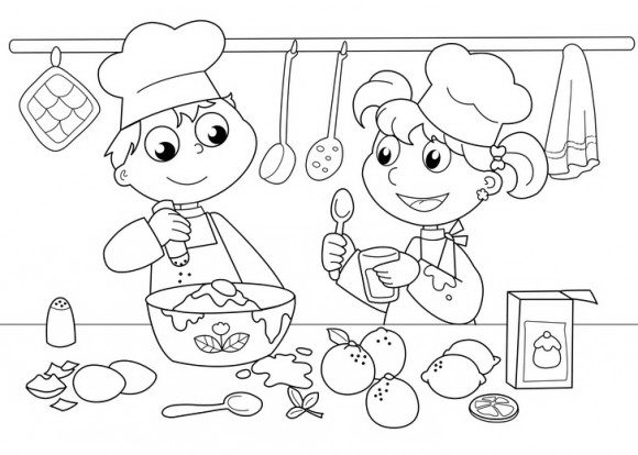 בואו לצבוע דפי צביעה לחנוכה של ילדים מקסימים שעסוקים בהכנת סופגניות.
