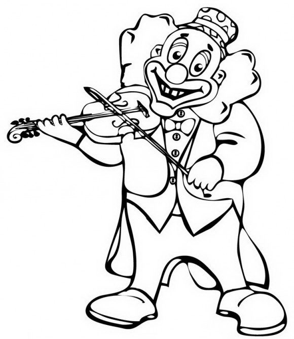 ליצן חייכן לצביעה חג פורים עם כינור בידו בו הוא מנגן בהנאה.