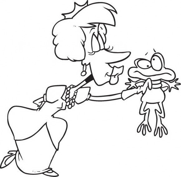 דפי צביעה לבנות של נסיכה ממש מצחיקה שאוחזת בצפרדע לנשקו למורת רוחו.