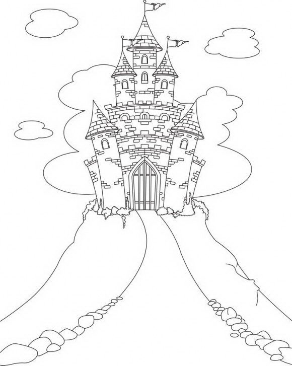 דפי צביעה לילדים של טירה קסומה, לטירה רקע מרהיב אותו תוכלו בשלל צבעי הקשת.