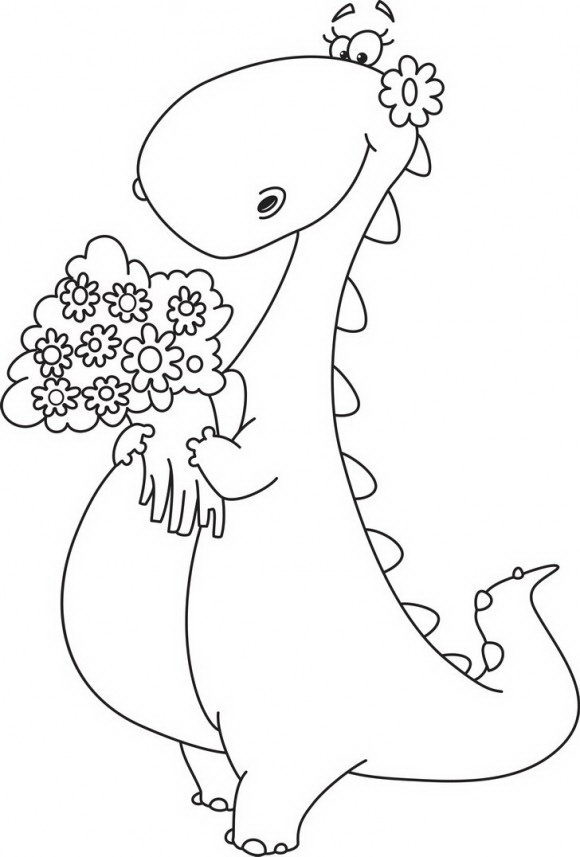 דפי צביעה לילדים של דינוזאור חמוד וביישן שמחזיק בידו זר ענקי של פרחים אותם תוכלו לצבוע בהנאה.