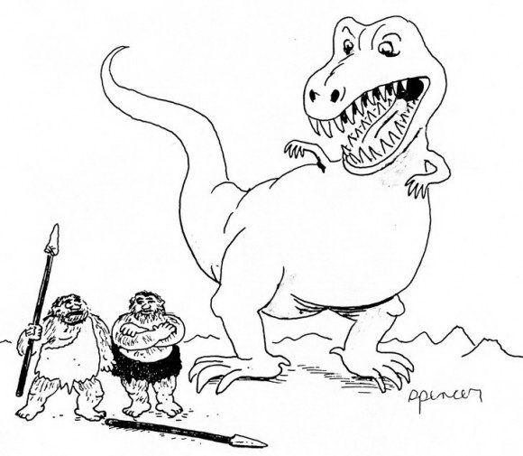 ציורים לילדים של דינוזאור אימתני המאיים על חיי שני אנשי אדם קדמון אותם תצבעו בהנאה.