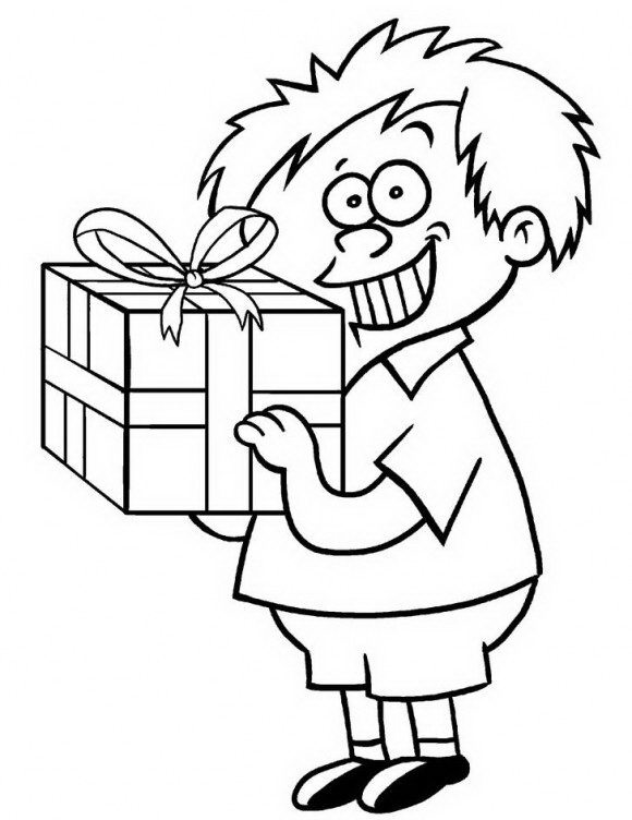 דפי צביעה ליום הולדת של ילד קטן ומקסים שמחזיק בידו מתנת יום הולדת עטופה שתוכלו לצבוע בשמחה.