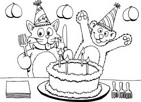 דפי צביעה יום הולדת במגוון רחב של דובי וחתול מקסימיםפ החוגגים להם יום הולדת עם עוגה.